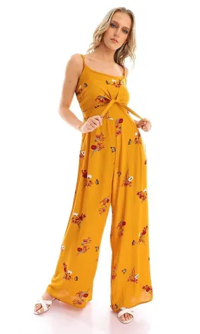 57748 Elastic Open Back Floral Jumpsuit - Mustard