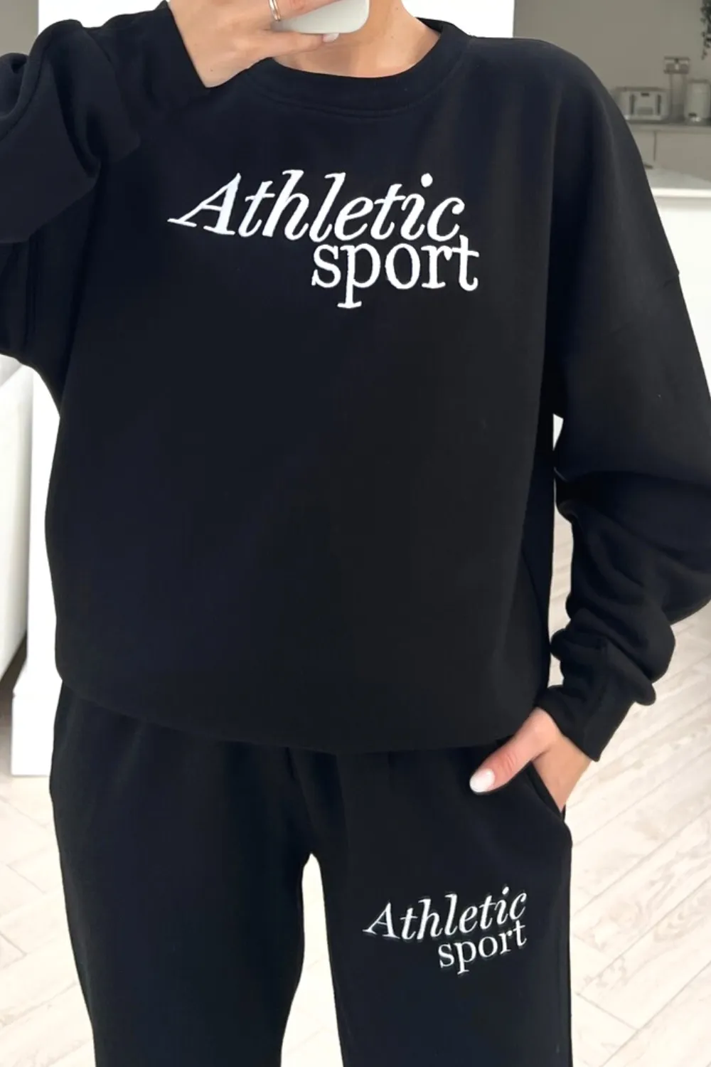 Athletic sport black embroidered jogger sweater loungewear set