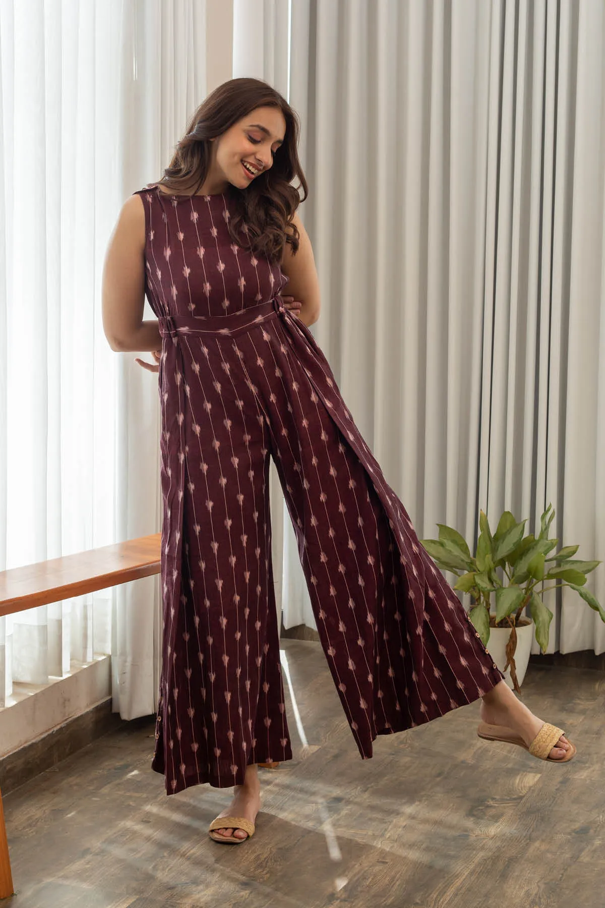 Aubree Handloom Ikat Overlap Jumpsuit - Maroon