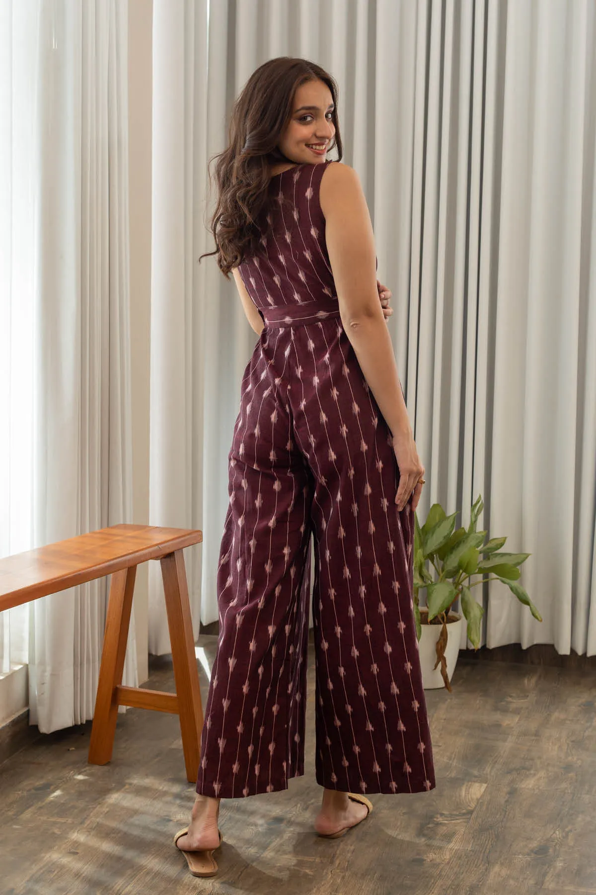 Aubree Handloom Ikat Overlap Jumpsuit - Maroon