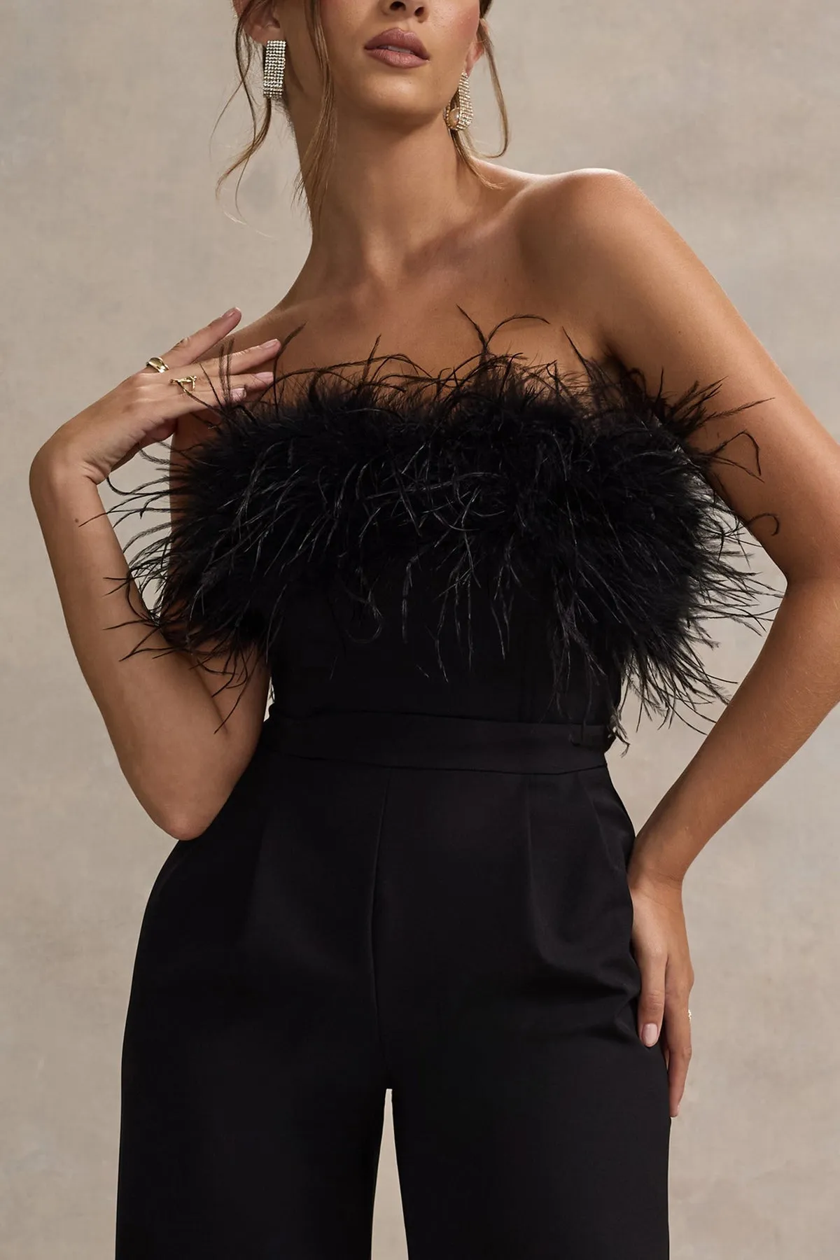 Black Feather Strapless Wide-Leg Jumpsuit