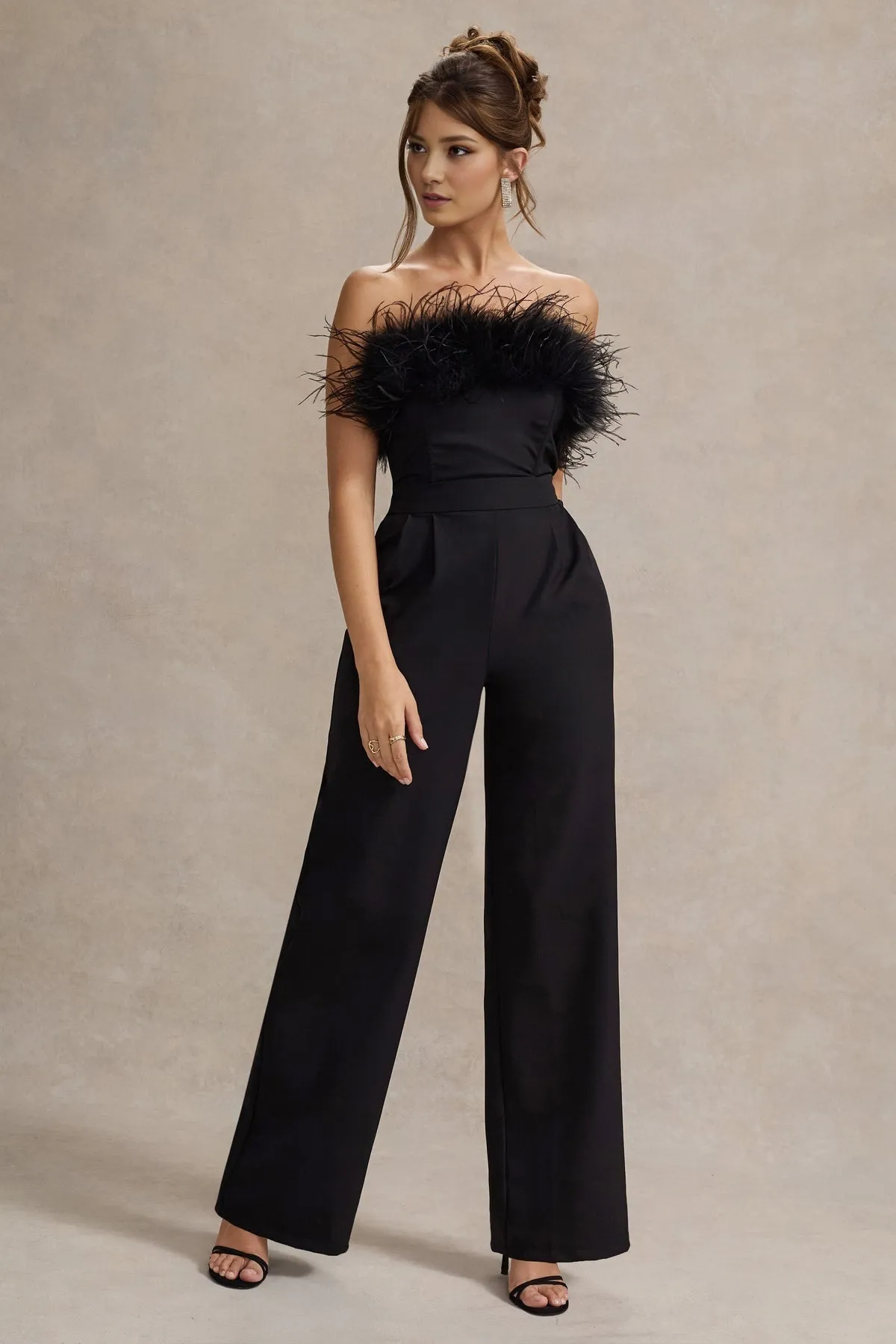 Black Feather Strapless Wide-Leg Jumpsuit