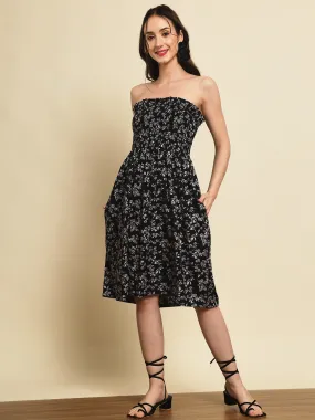 Black Floral Print Smocking Dress