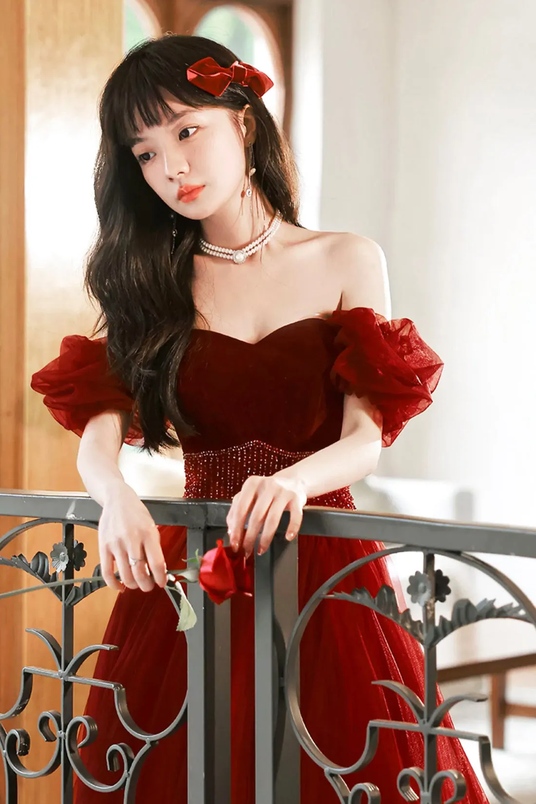 Burgundy Strapless Tulle Long Prom Dress with Beaded, Burgundy Tulle Formal Dress