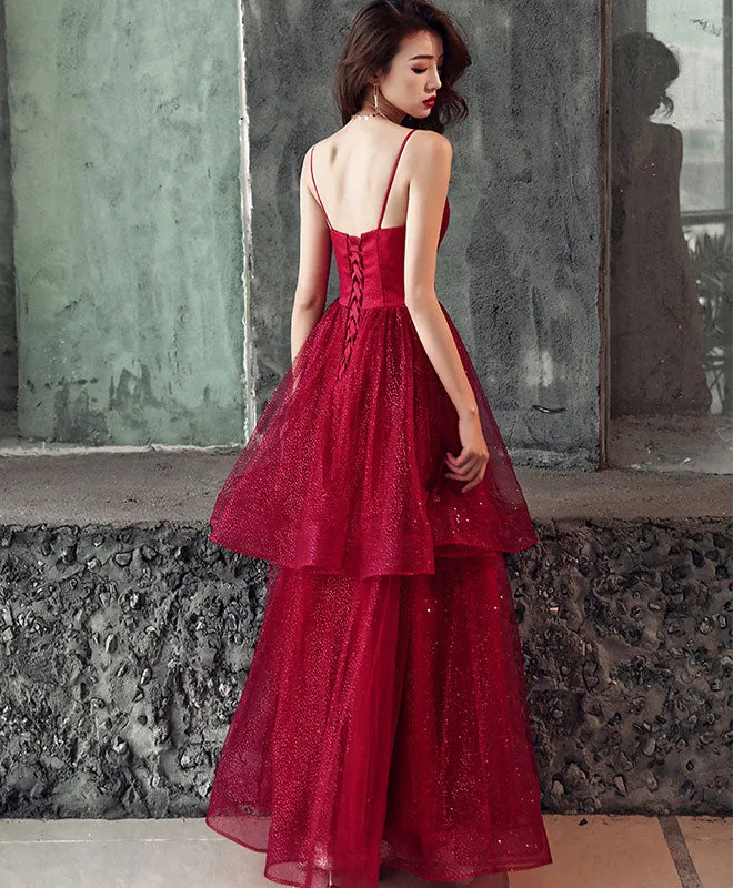 Burgundy V Neck Tulle Long Prom Dress, Shiny Burgundy Evening Dress
