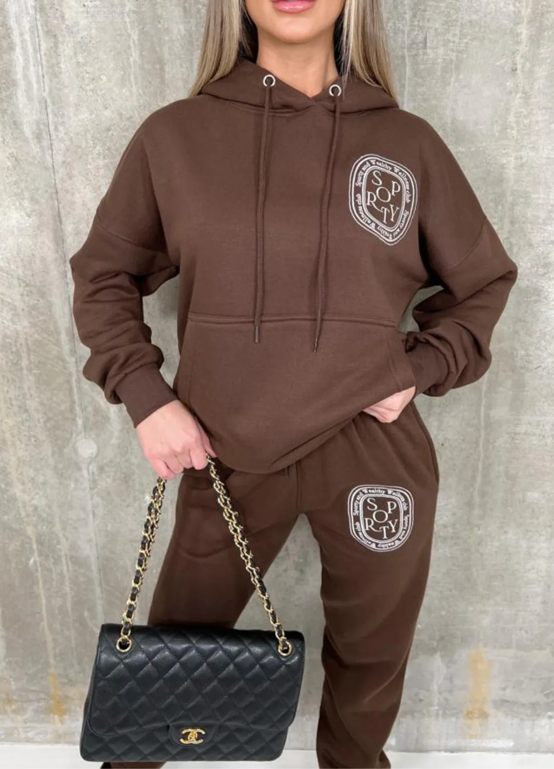 Chocolate Sporty & Wealthy Badge embroidered Hoodie lounge set