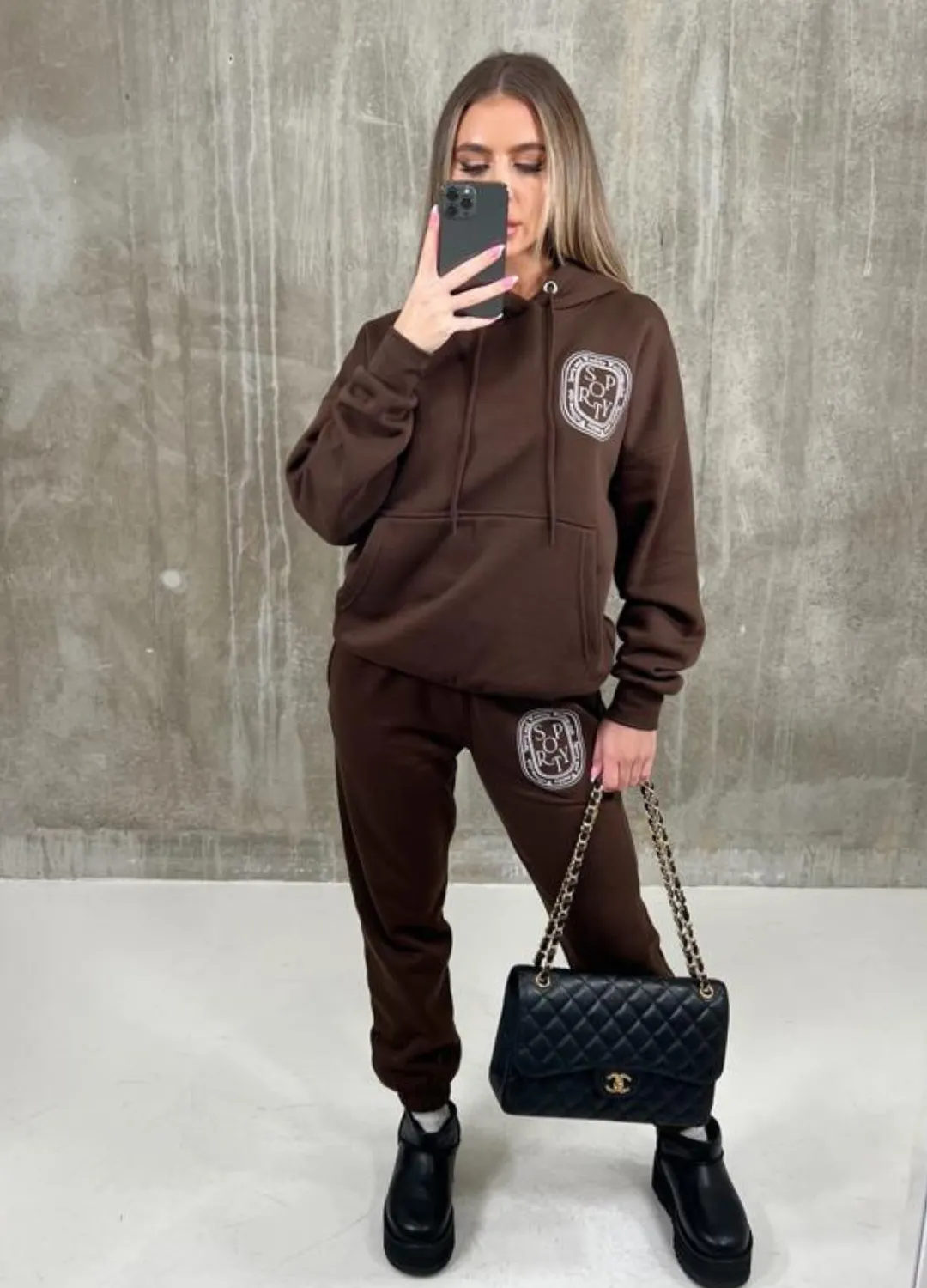 Chocolate Sporty & Wealthy Badge embroidered Hoodie lounge set