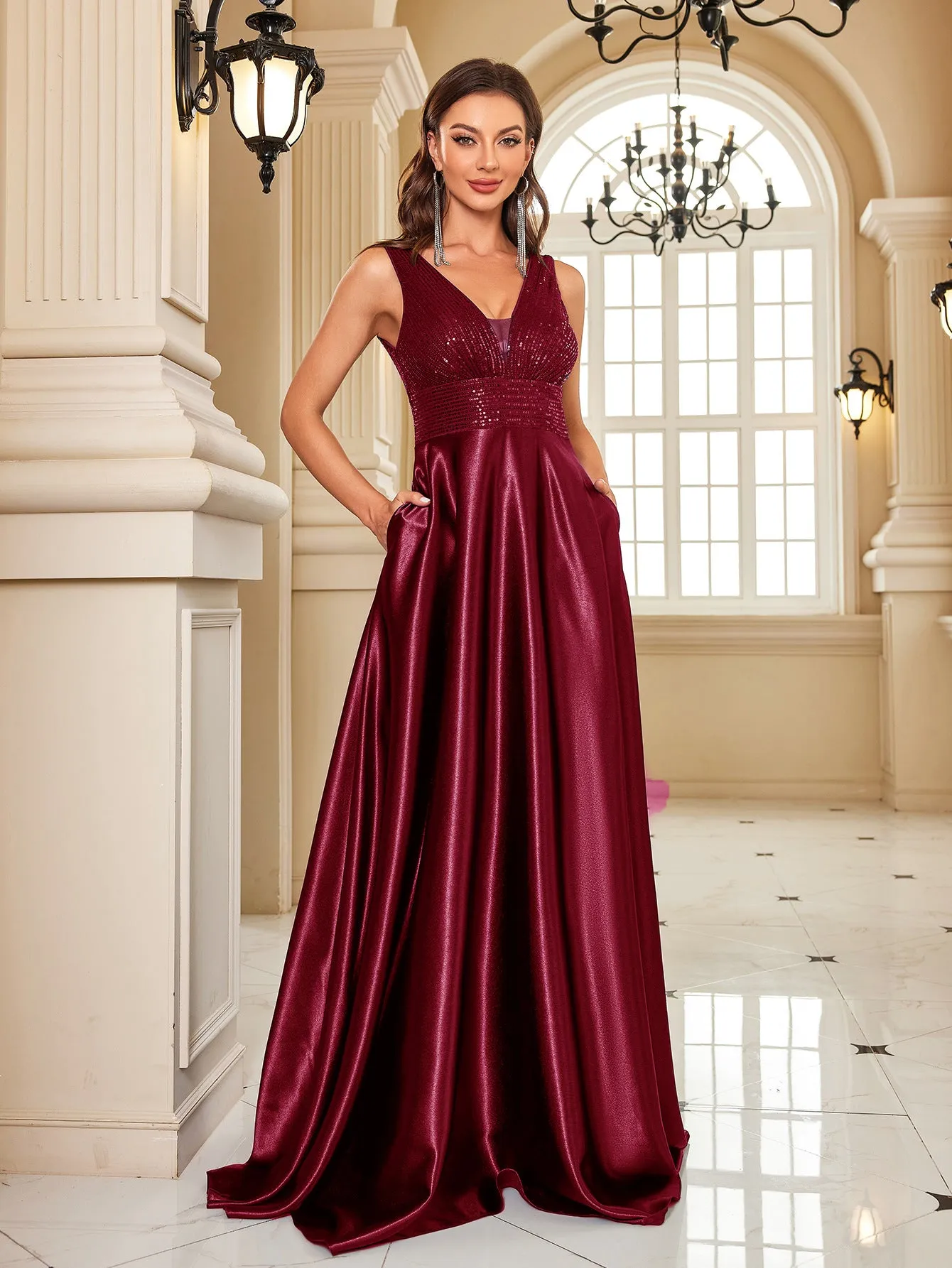Deep V Plunge Backless Sequin Fishtail Evening Dress