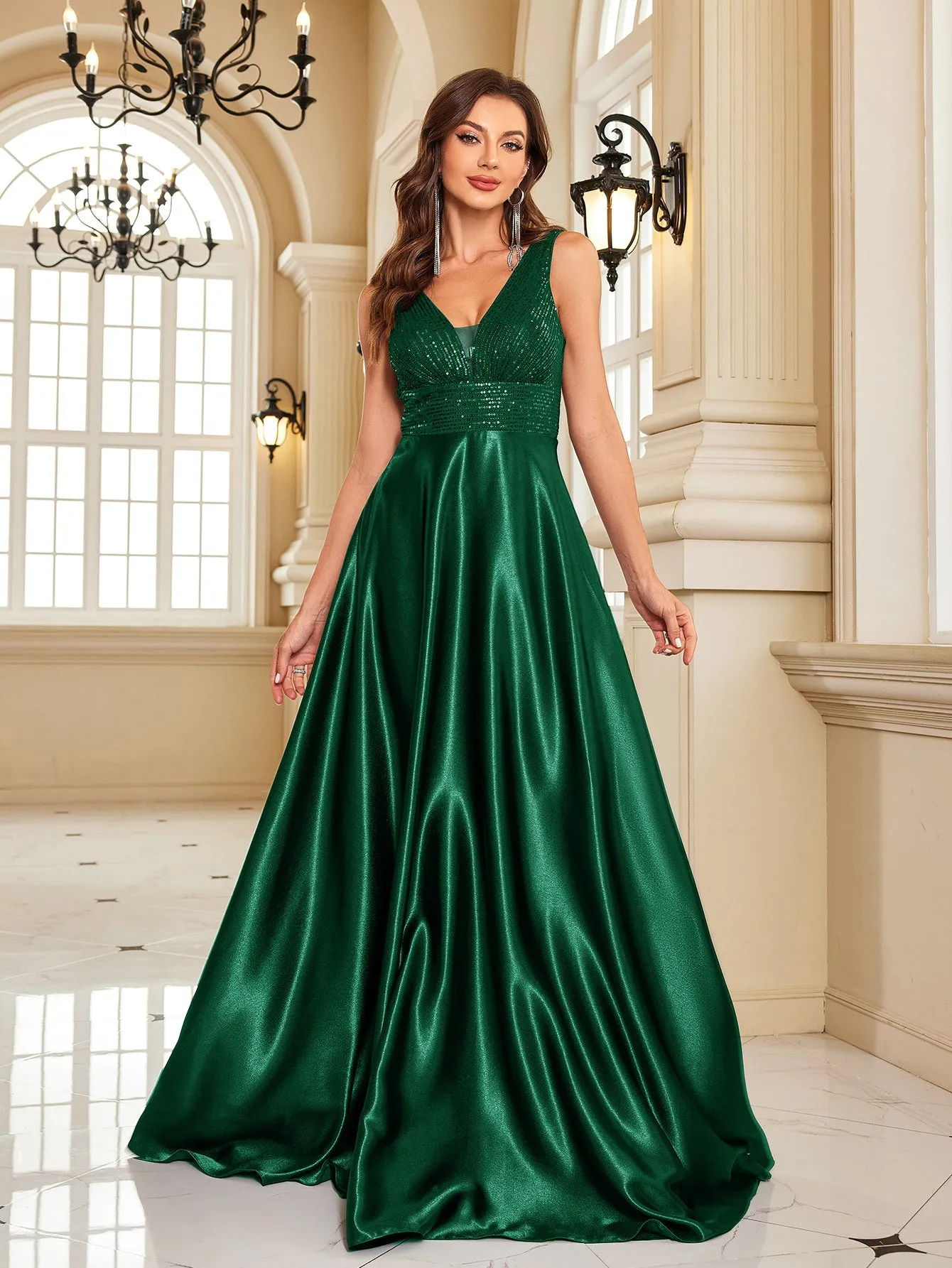 Deep V Plunge Backless Sequin Fishtail Evening Dress