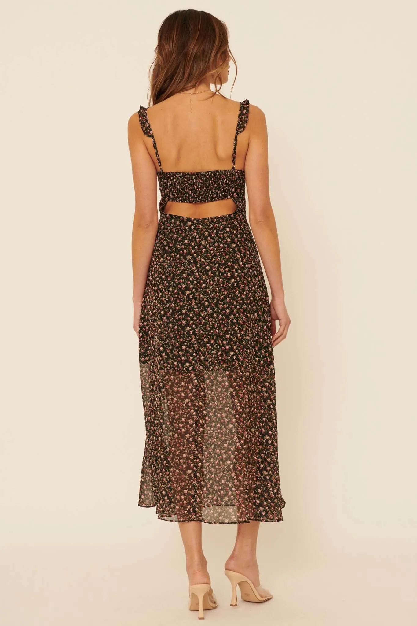 Delicate Roses Floral Chiffon Midi Slip Dress
