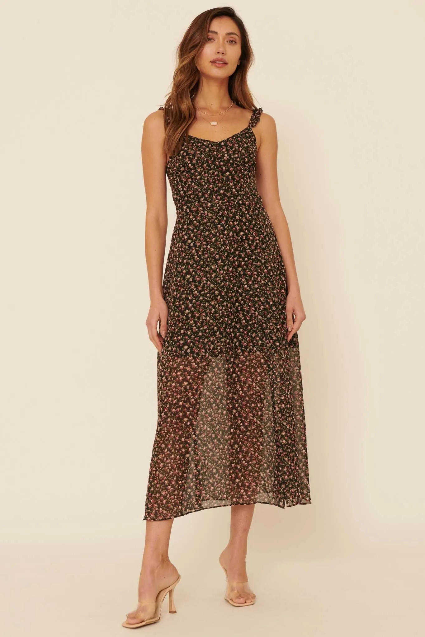Delicate Roses Floral Chiffon Midi Slip Dress