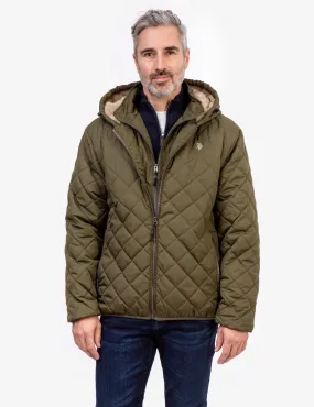 DIAMOND QUILTED HOODED JACKET WITH SHERPA