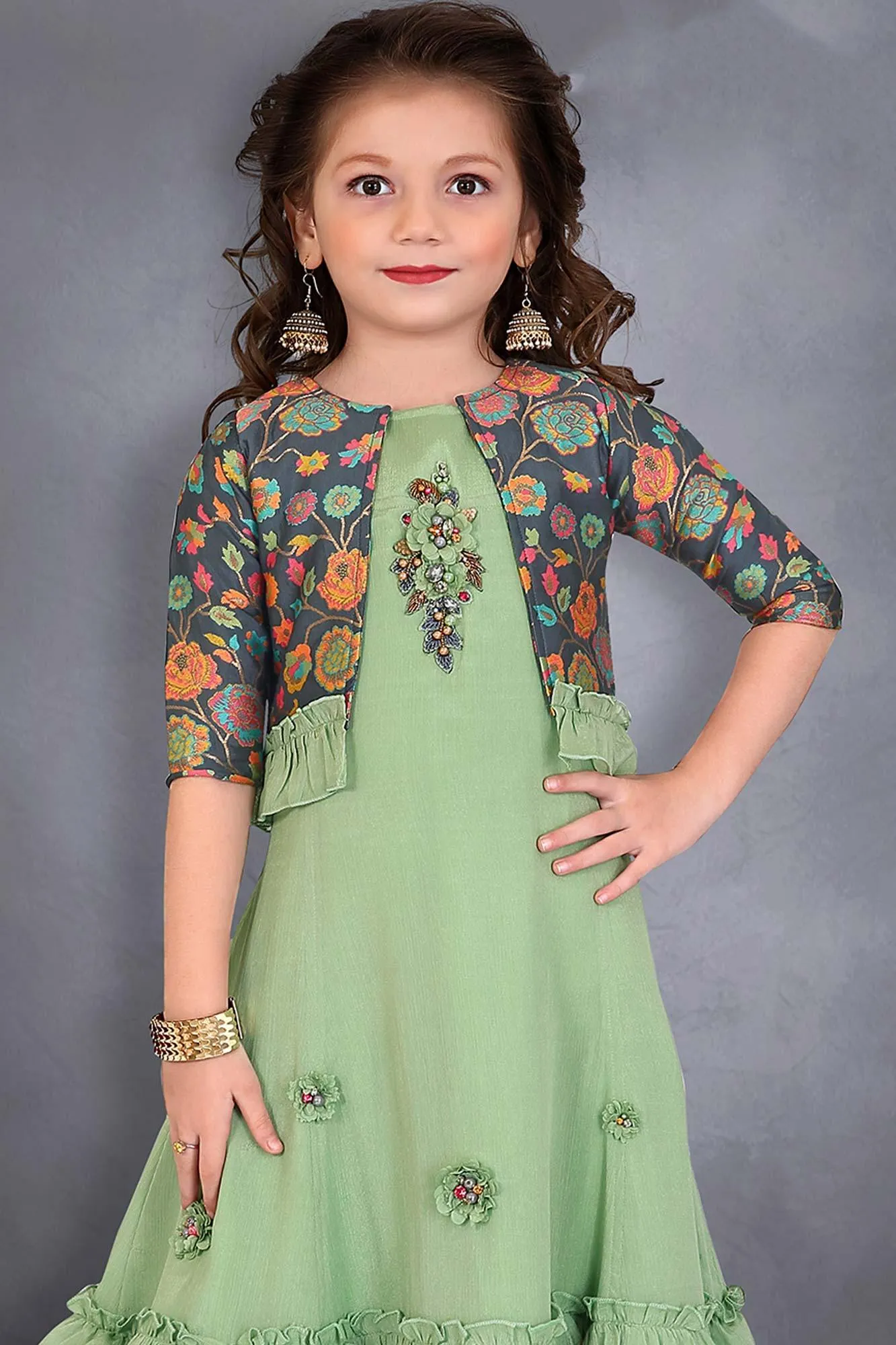 Elegant Pista Green Ethnic Gown with Stylish Printed Overcoat.