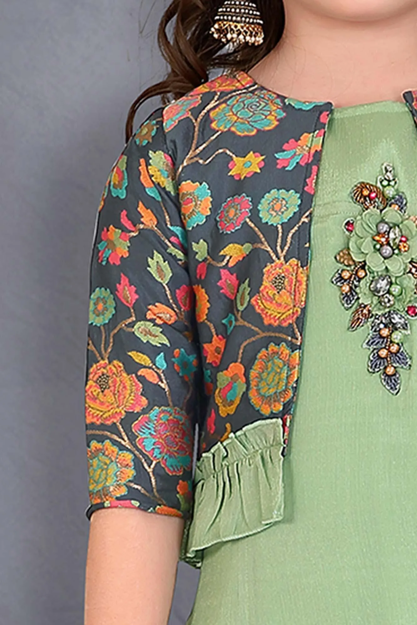Elegant Pista Green Ethnic Gown with Stylish Printed Overcoat.