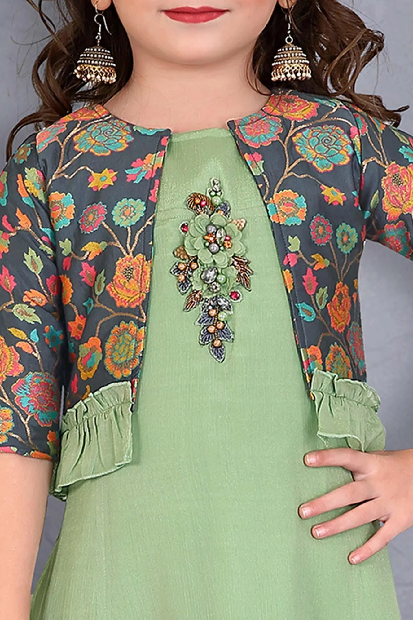 Elegant Pista Green Ethnic Gown with Stylish Printed Overcoat.