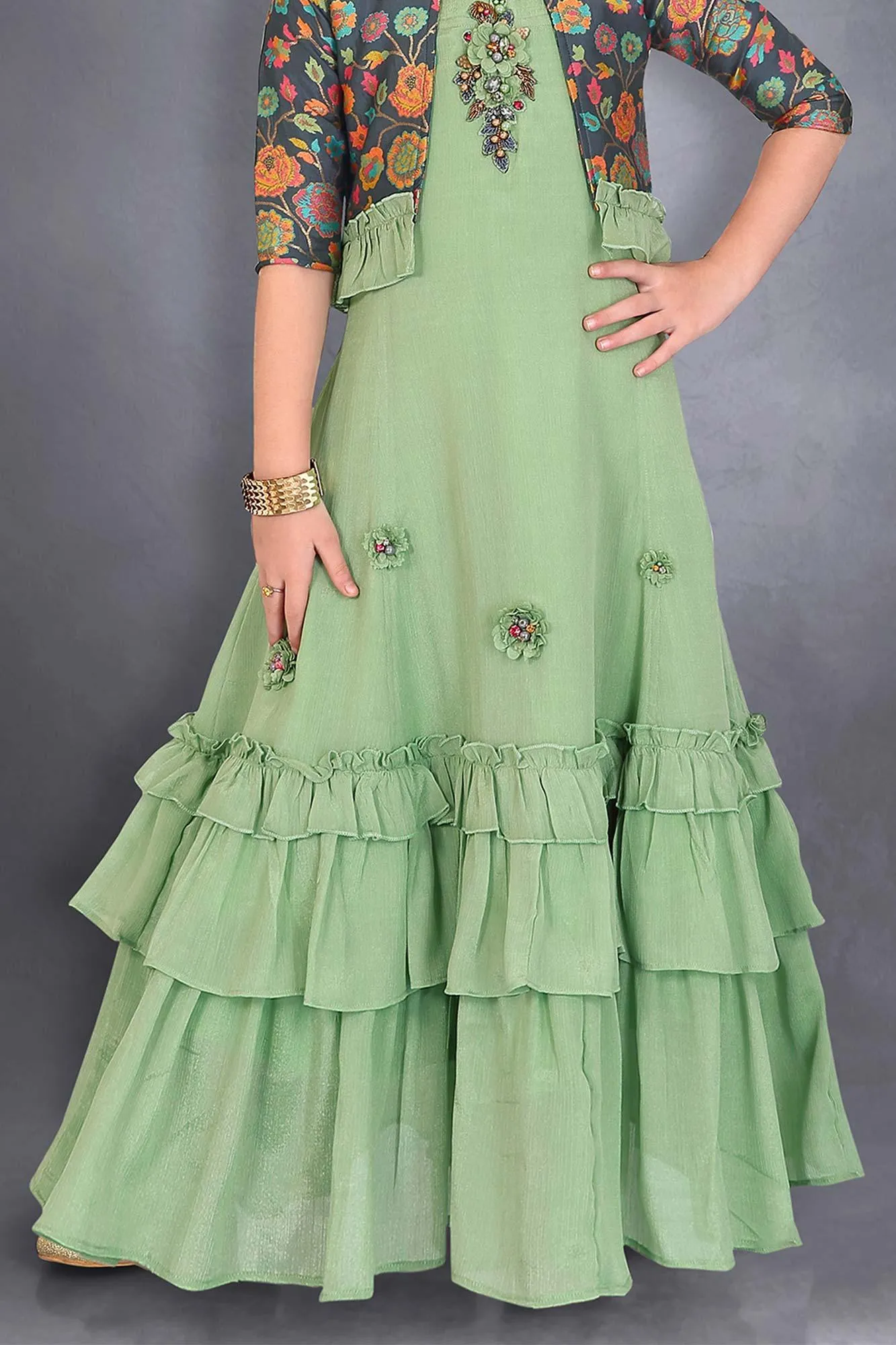 Elegant Pista Green Ethnic Gown with Stylish Printed Overcoat.
