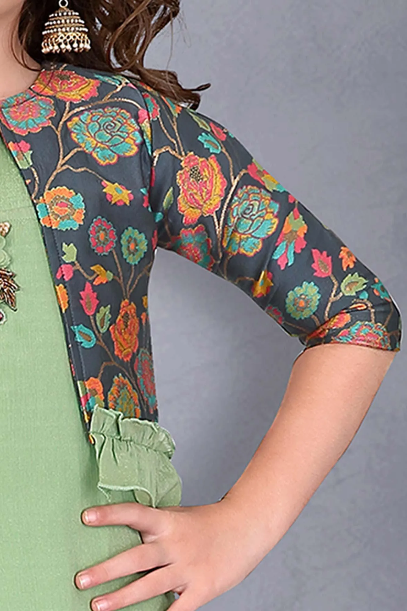 Elegant Pista Green Ethnic Gown with Stylish Printed Overcoat.