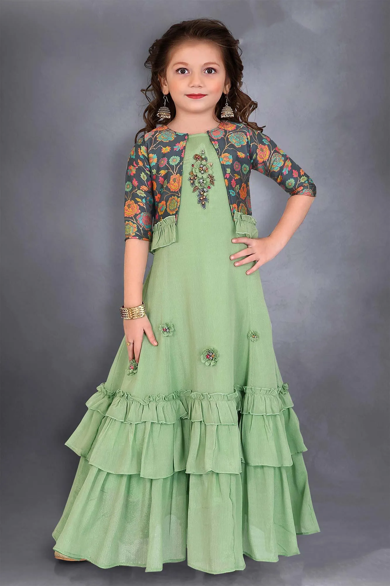 Elegant Pista Green Ethnic Gown with Stylish Printed Overcoat.
