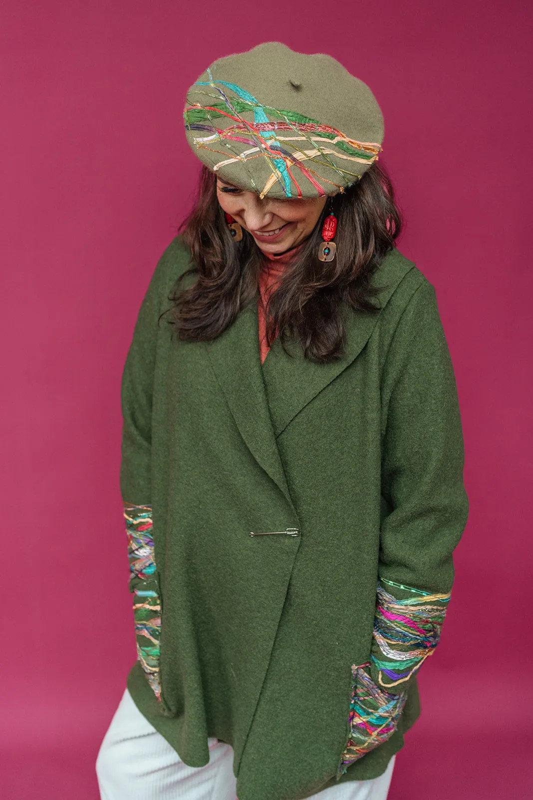 Embellished Short Wool Coat in Forest Green