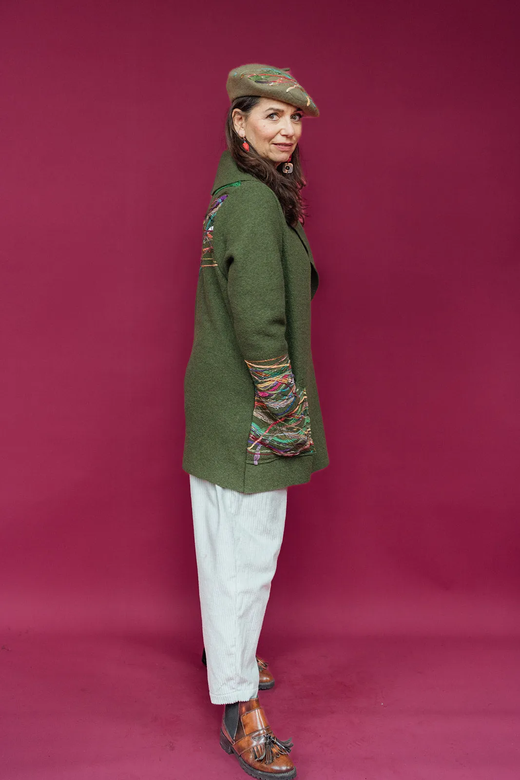Embellished Short Wool Coat in Forest Green
