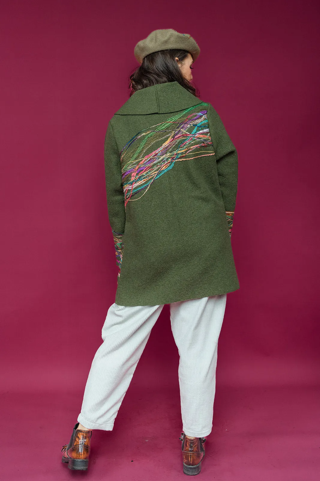 Embellished Short Wool Coat in Forest Green