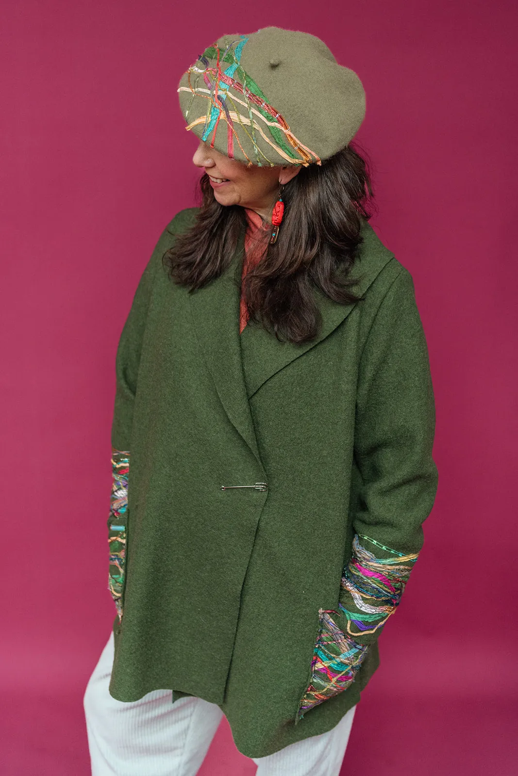 Embellished Short Wool Coat in Forest Green