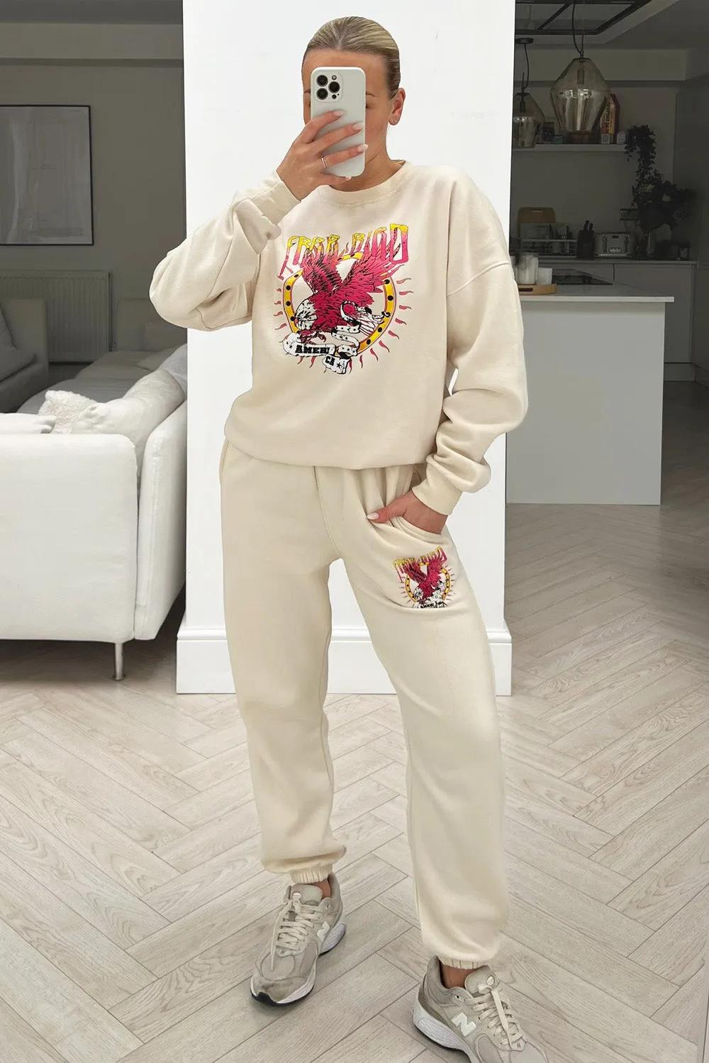 Free bird ecru printed sweater loungewear set