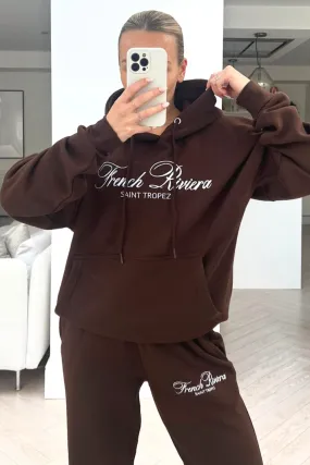 French Riviera chocolate embroidered hoodie loungewear set