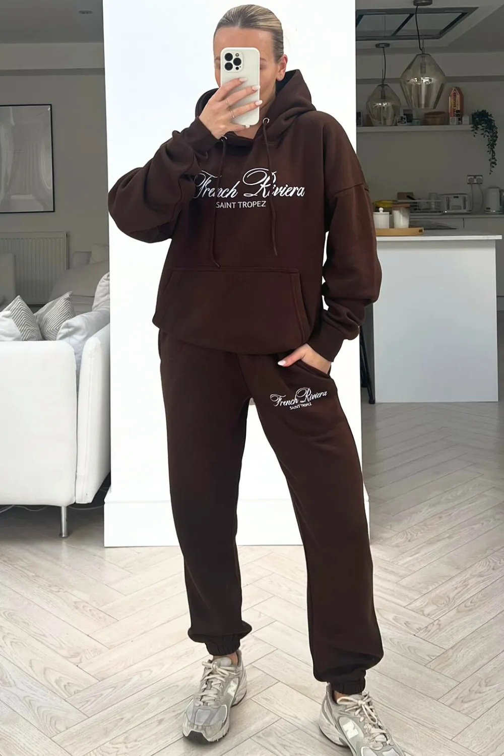 French Riviera chocolate embroidered hoodie loungewear set