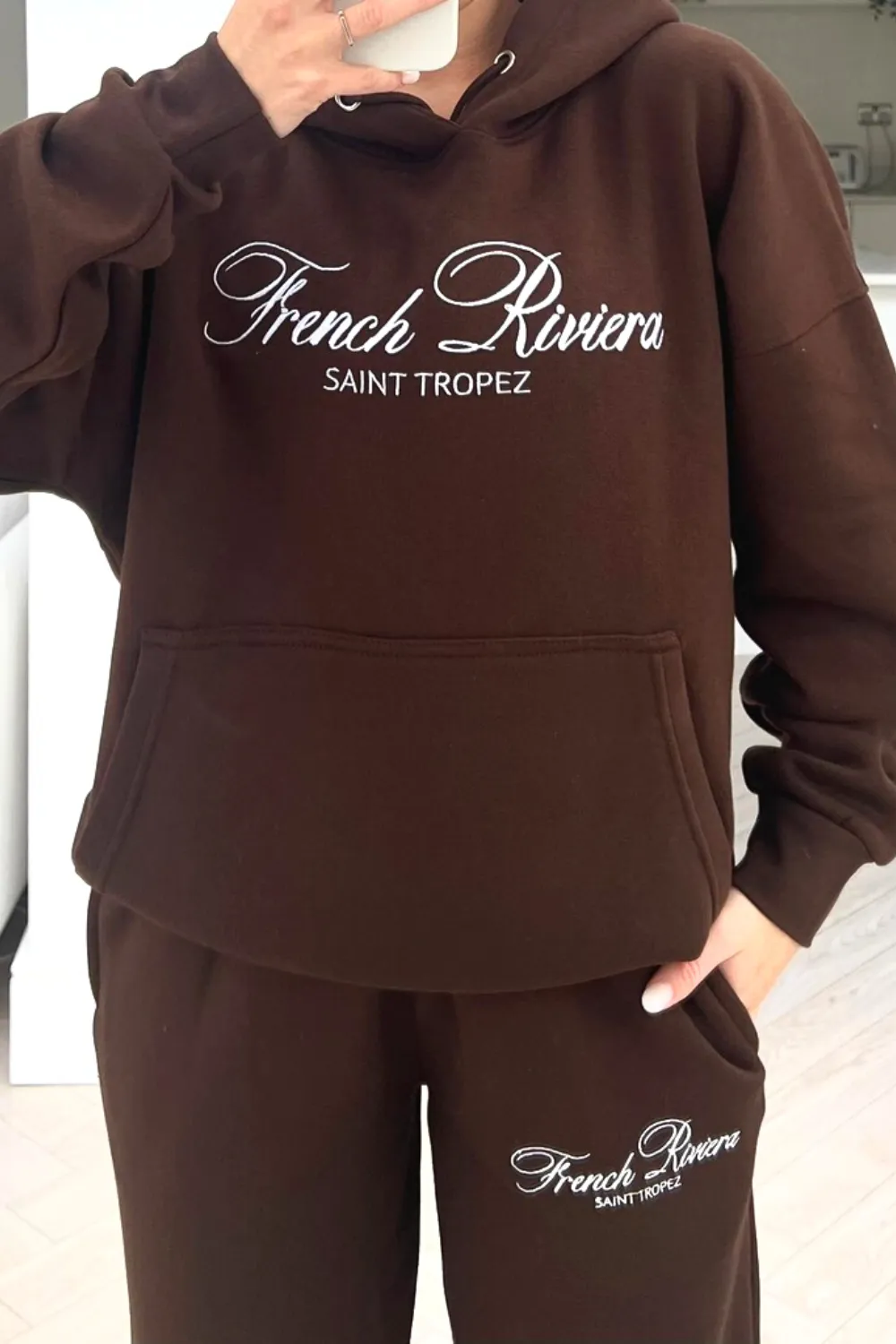 French Riviera chocolate embroidered hoodie loungewear set