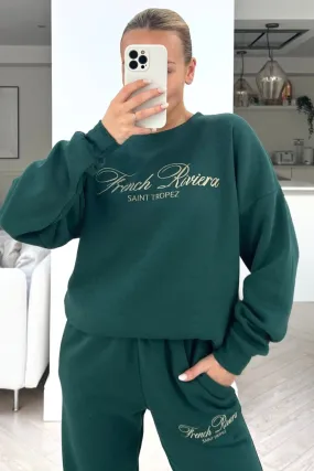 French Riviera forest green embroidered jogger sweater loungewear set