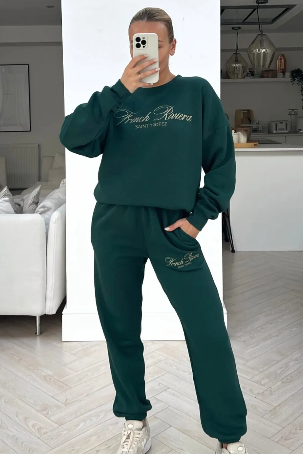French Riviera forest green embroidered jogger sweater loungewear set