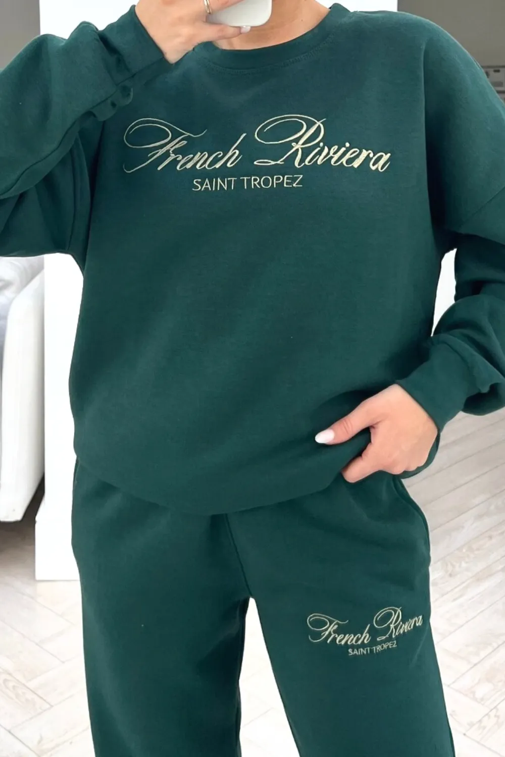 French Riviera forest green embroidered jogger sweater loungewear set