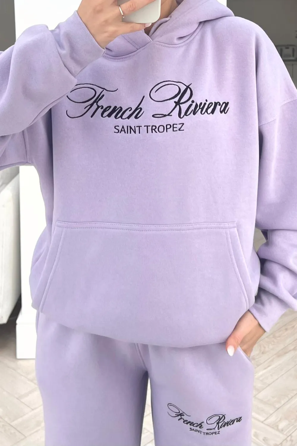 French Riviera lilac embroidered hoodie loungewear set