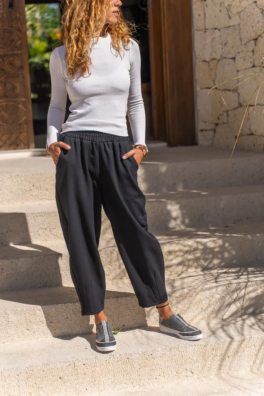 GNS Women's Black Gabardine Elastic Waist Loose Fit Pants Bst3475 - Timberwood Park