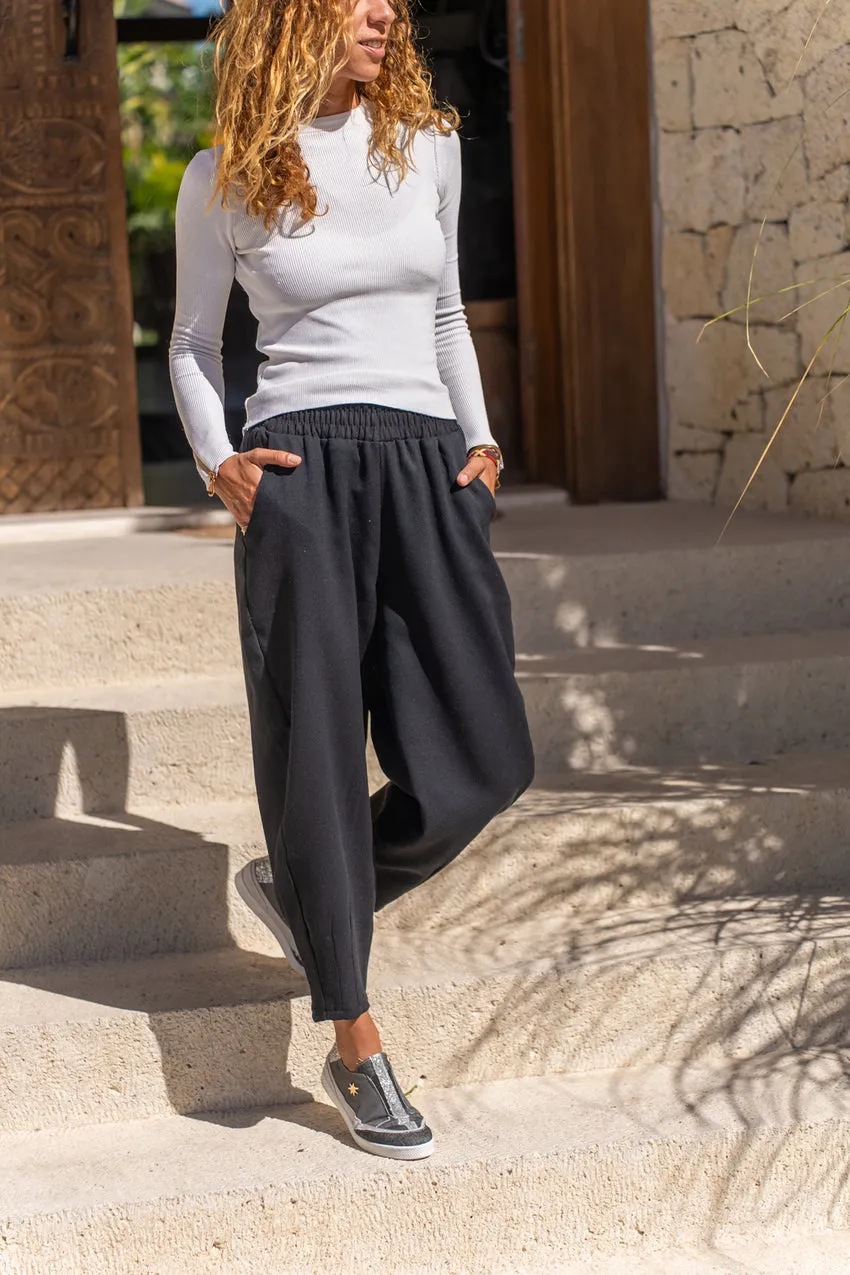 GNS Women's Black Gabardine Elastic Waist Loose Fit Pants Bst3475 - Timberwood Park