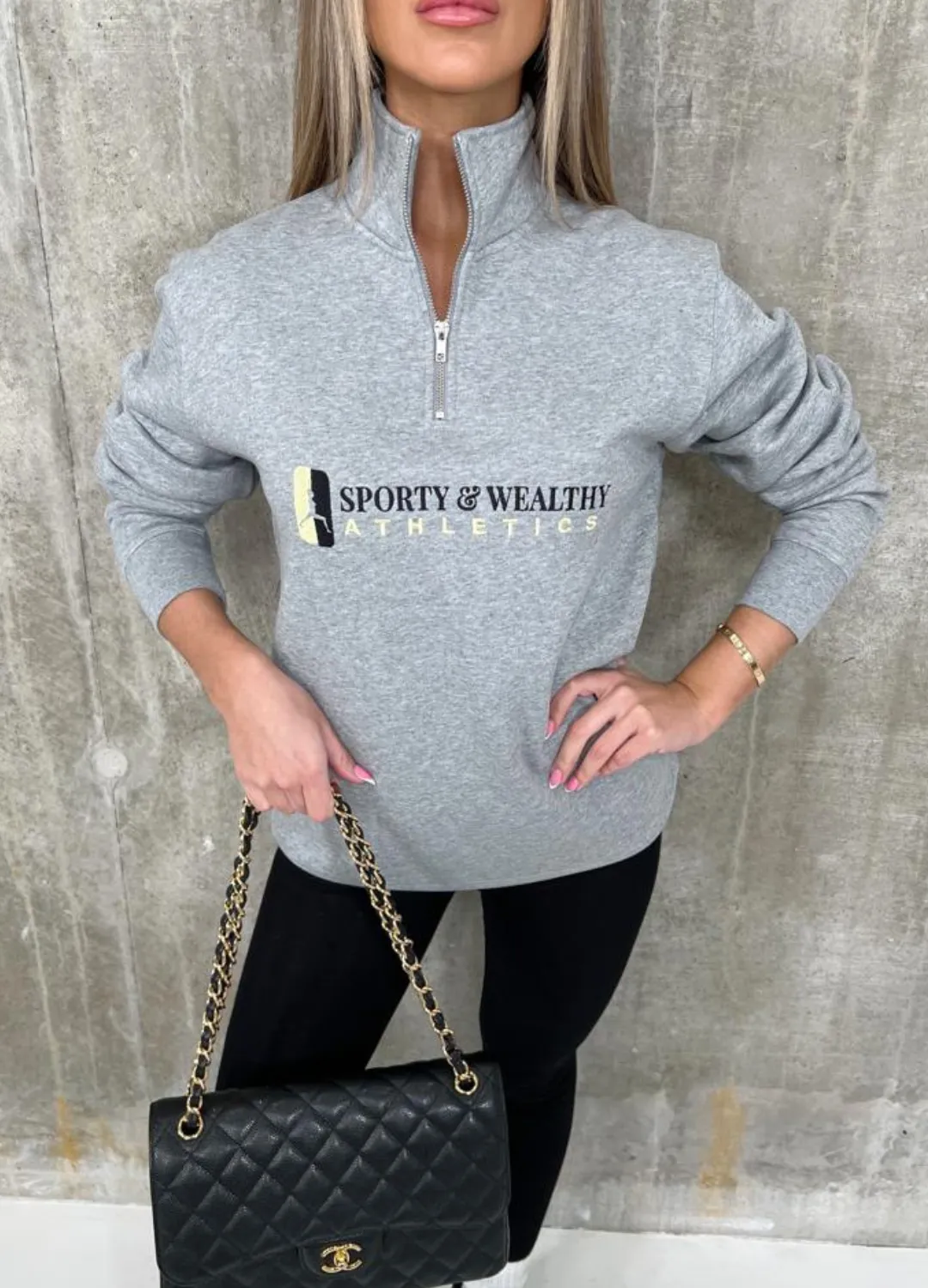 Grey Sporty & Wealthy Athletics Embroidered 1/4 zip sweater