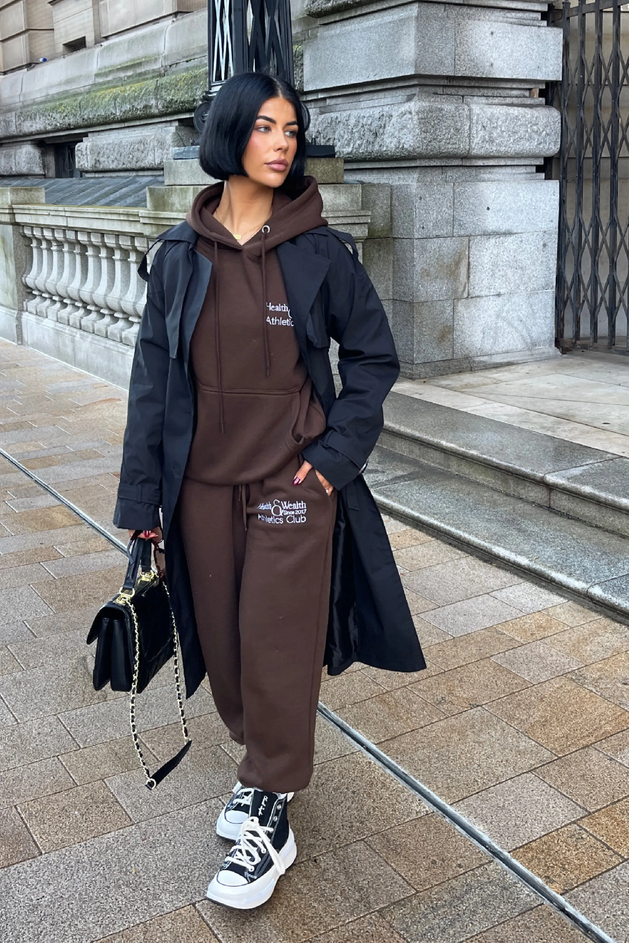 Health & Wealth embroidered Chocolate hoodie set