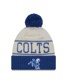 Indianapolis Colts New Era 2023 Sideline Historic Pom Cuffed Knit Hat - Cream/Royal