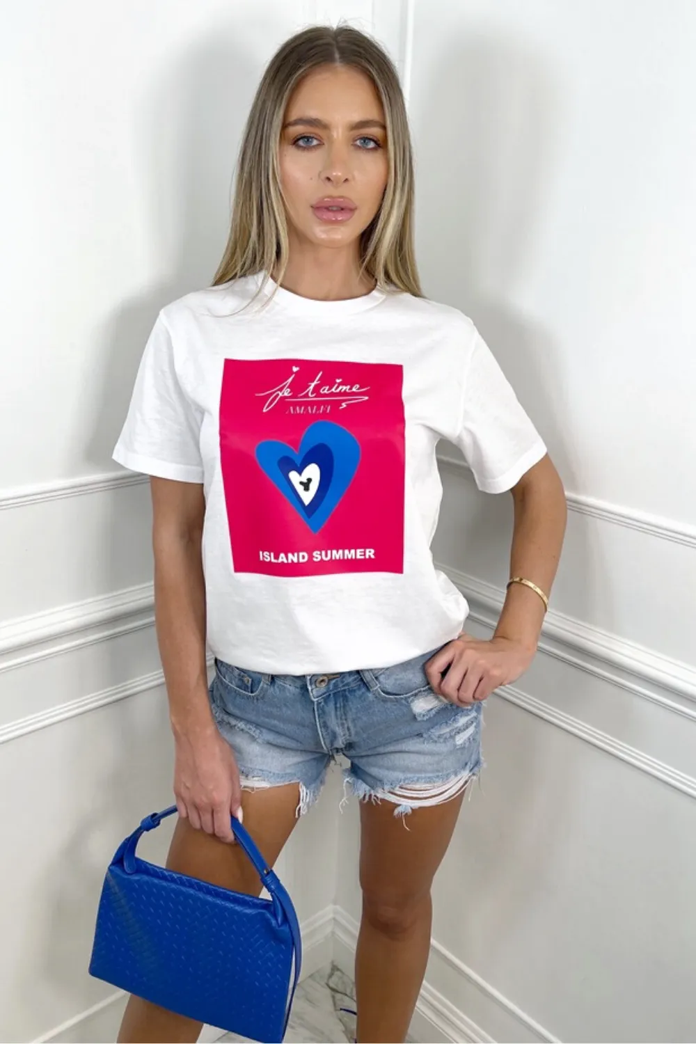 Island summer fuchsia printed white tee