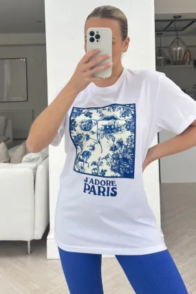 Jadore paris floral white & blue printed tee