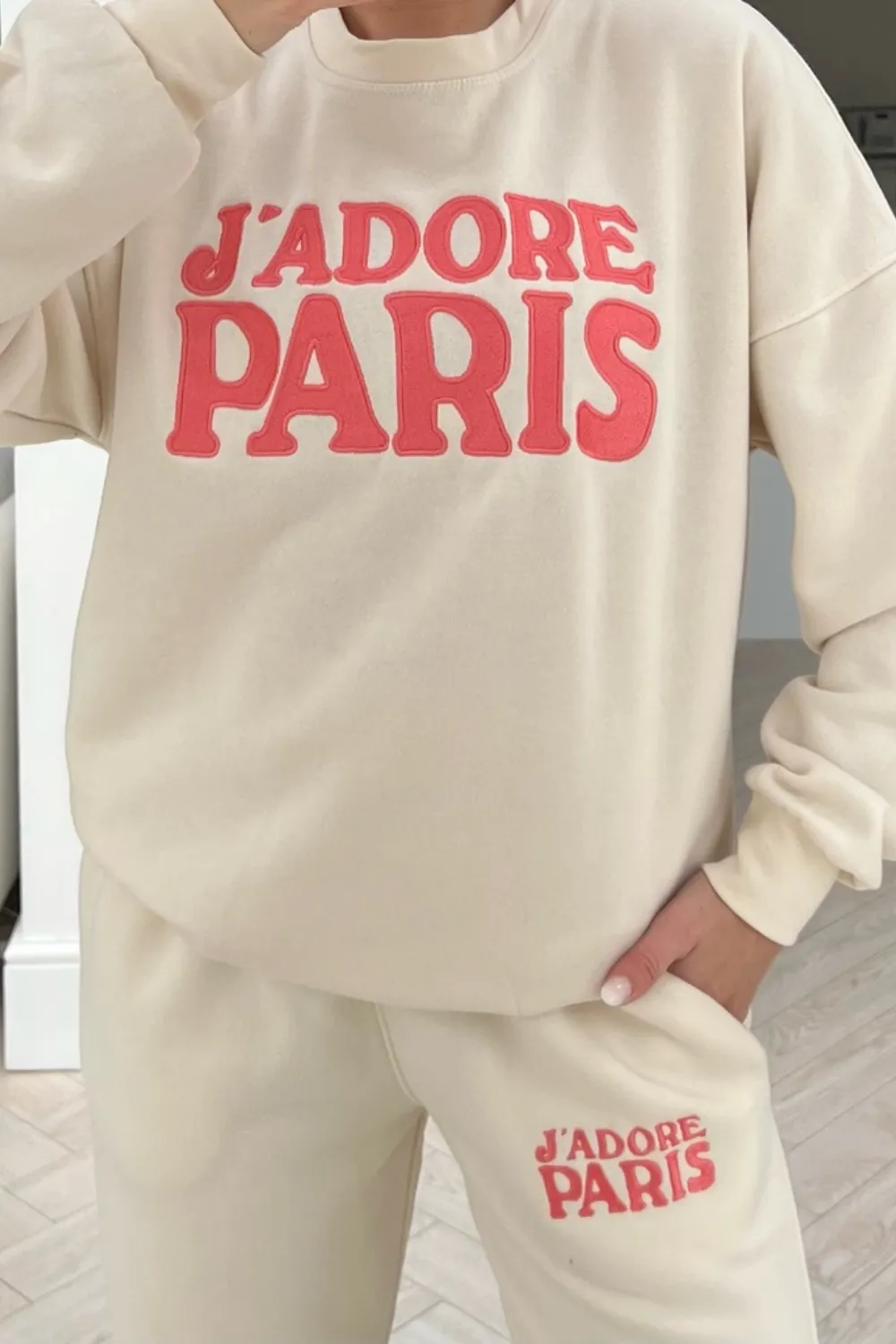 Jadore paris pink & ecru embroidered sweater loungewear set