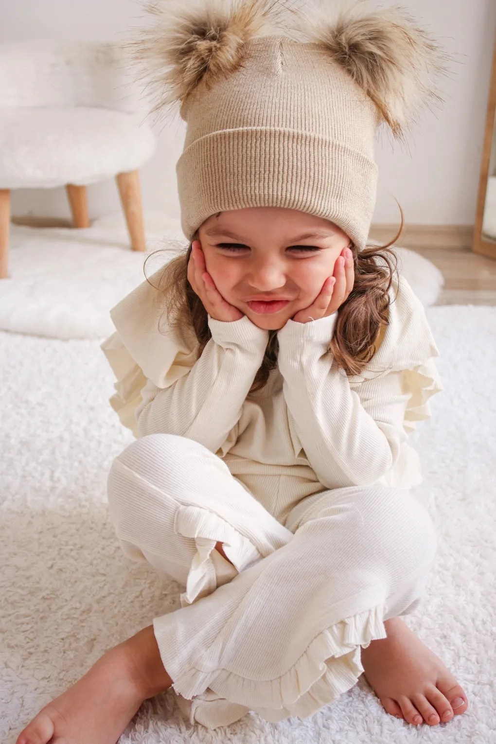 Knit Double Pom Beanie Hat | Dusty Blush