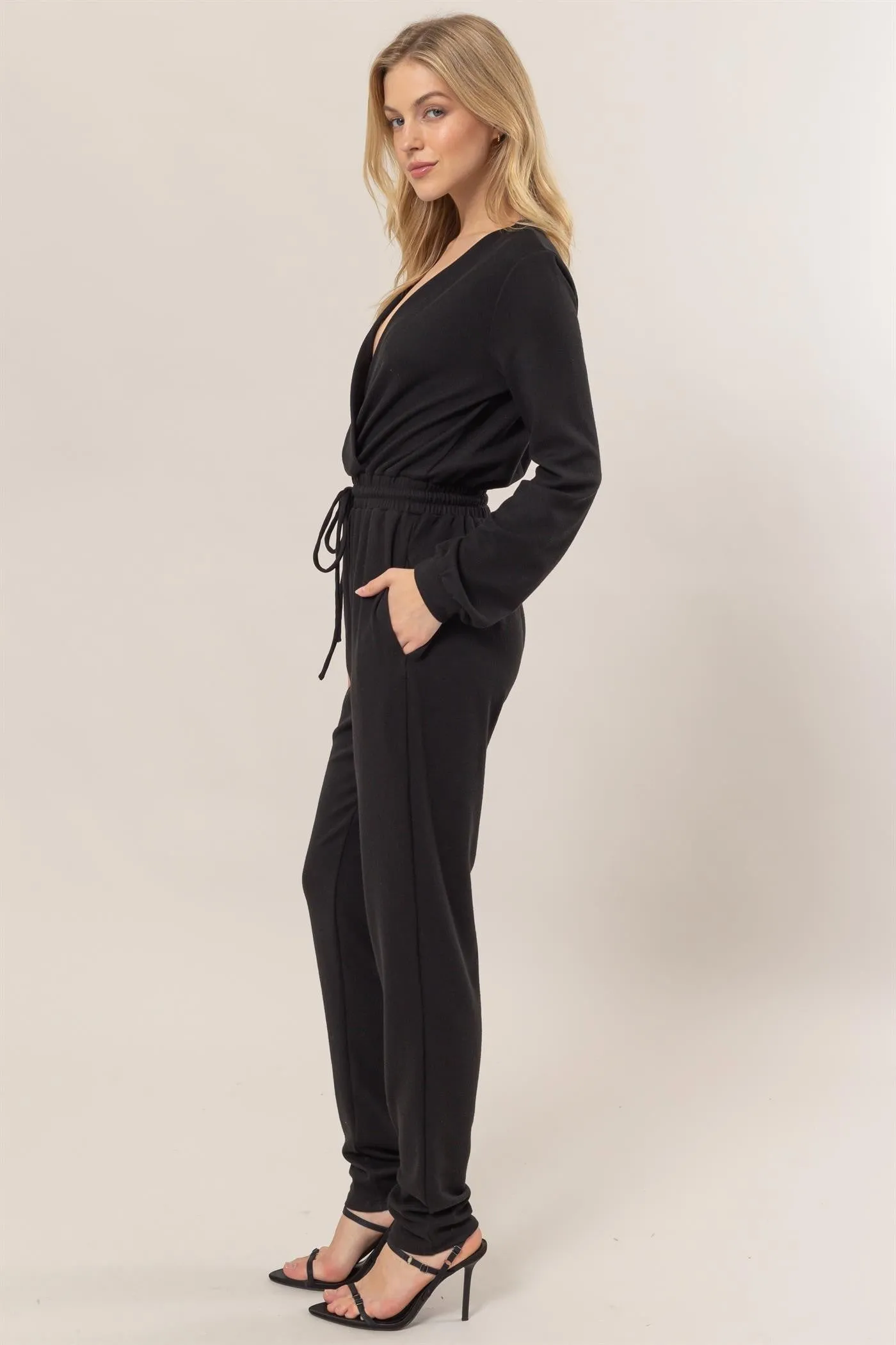 Knit Surplice Drawstring Jumpsuit