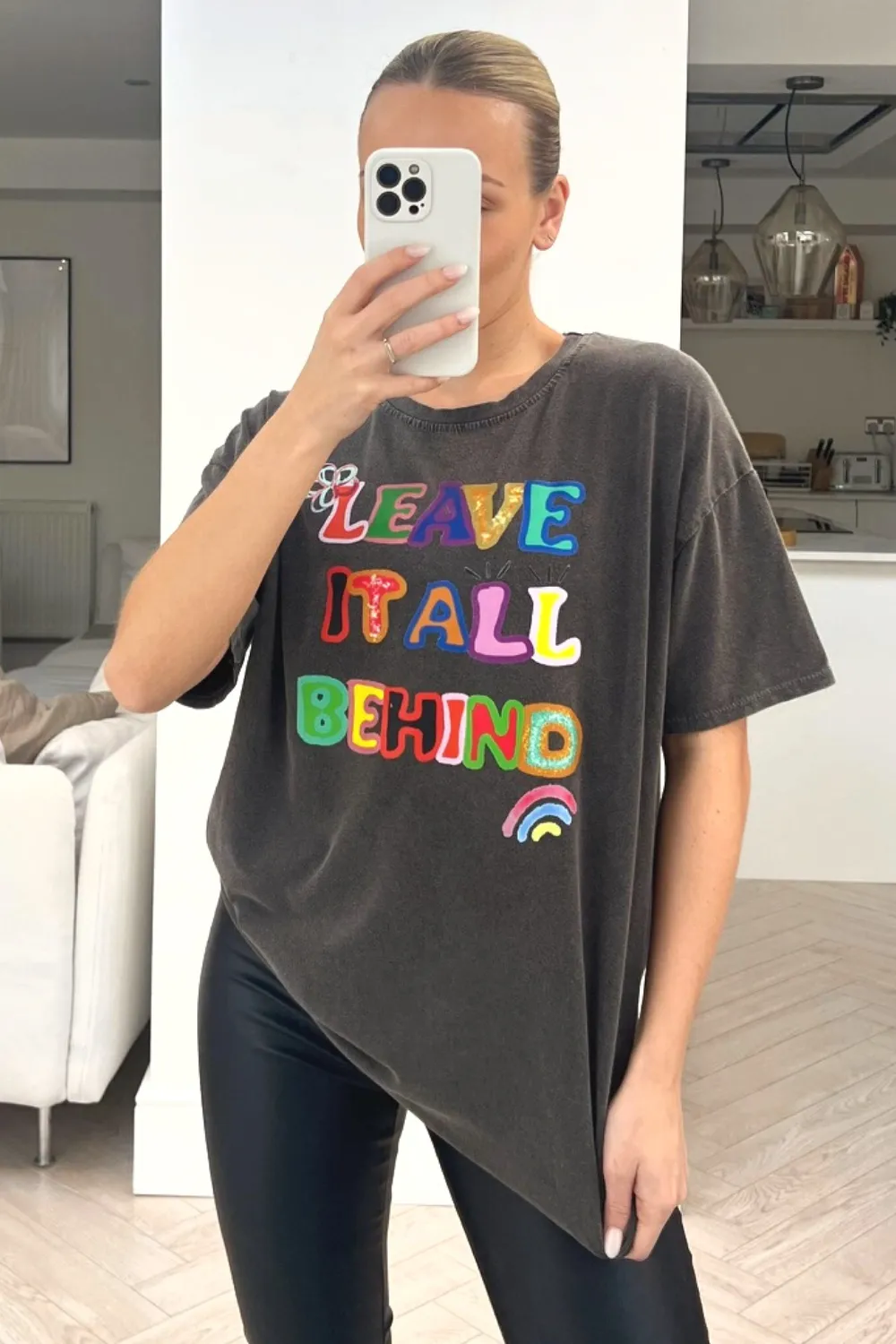 leave it all behind grey acid wash printed tee
