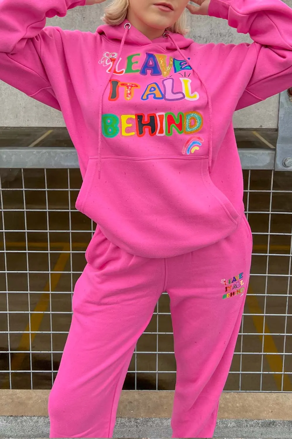 Leave it all behind premium hot pink printed hooded loungewear set