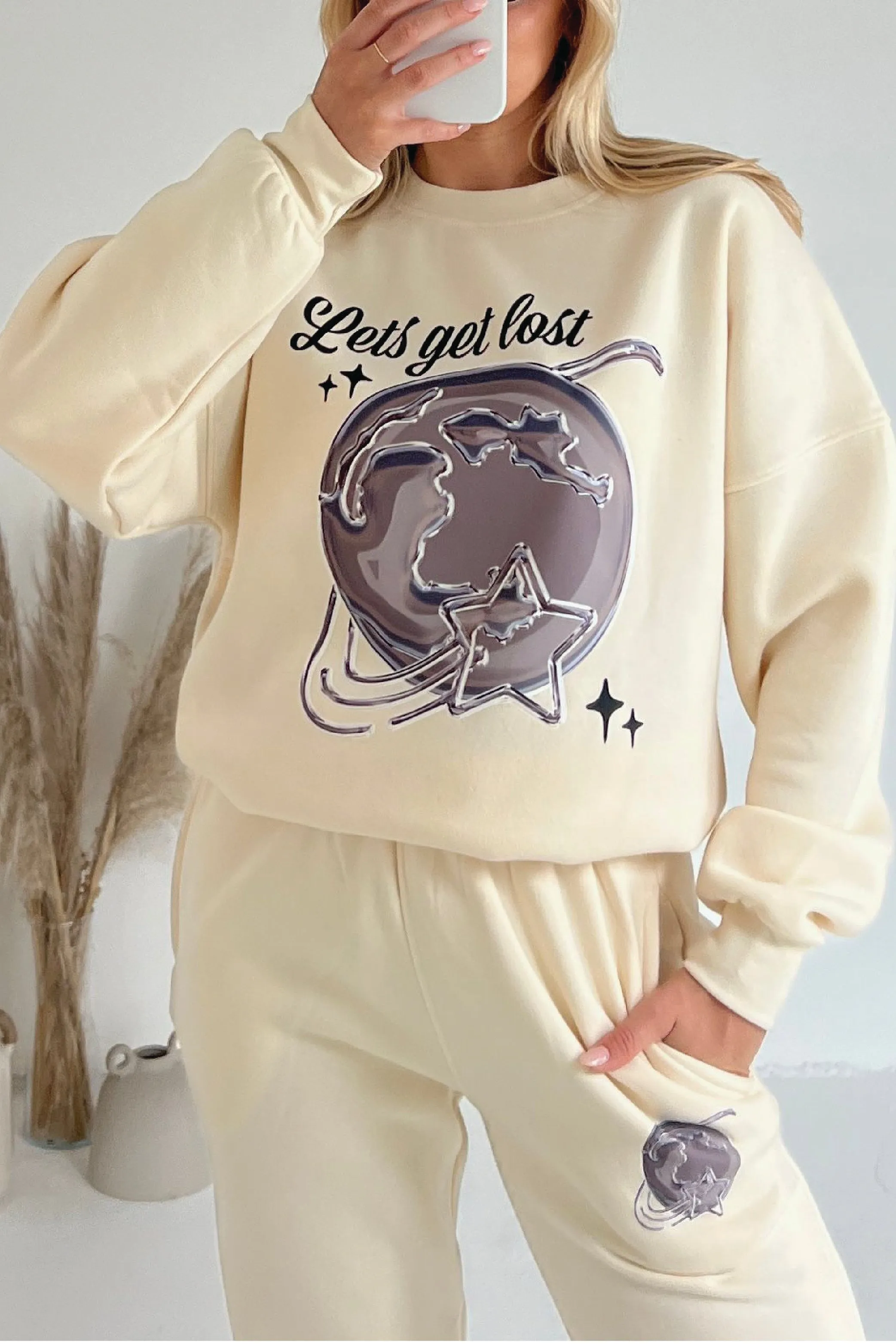 Lets get lost ecru printed sweater joggers premium loungewear