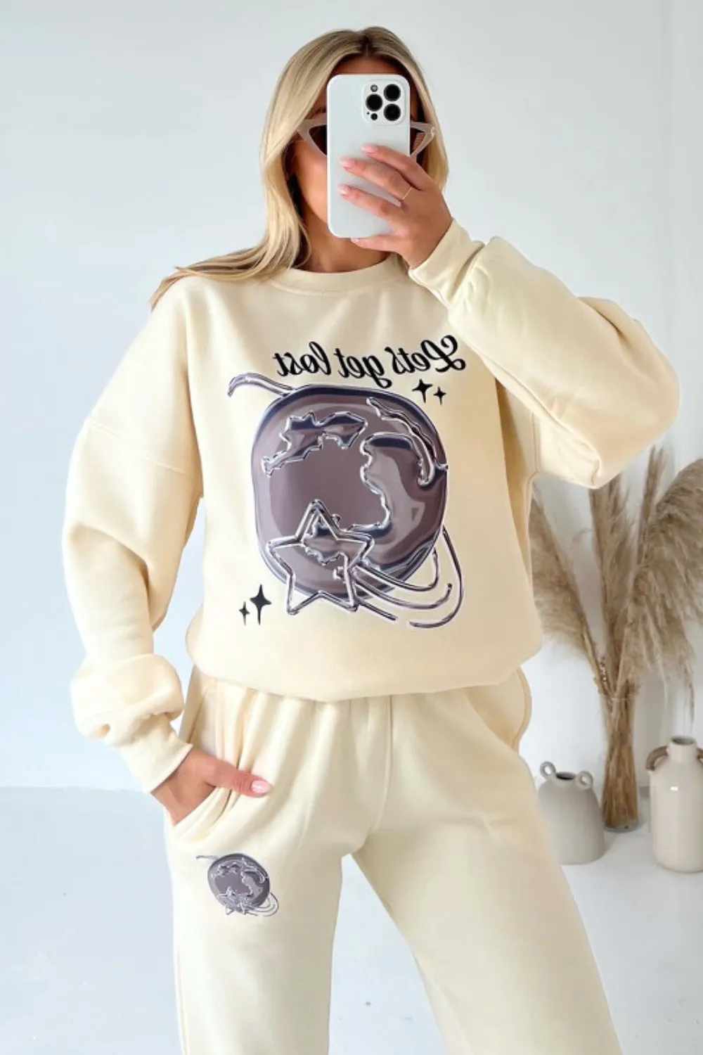 Lets get lost ecru printed sweater joggers premium loungewear