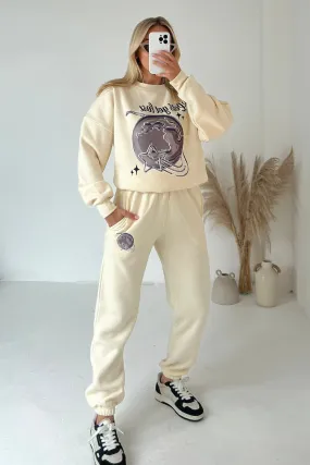 Lets get lost ecru printed sweater joggers premium loungewear