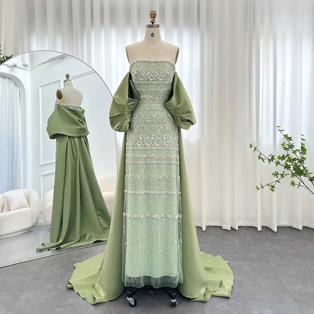 Luxury Sage Green Evening Dress with Cape